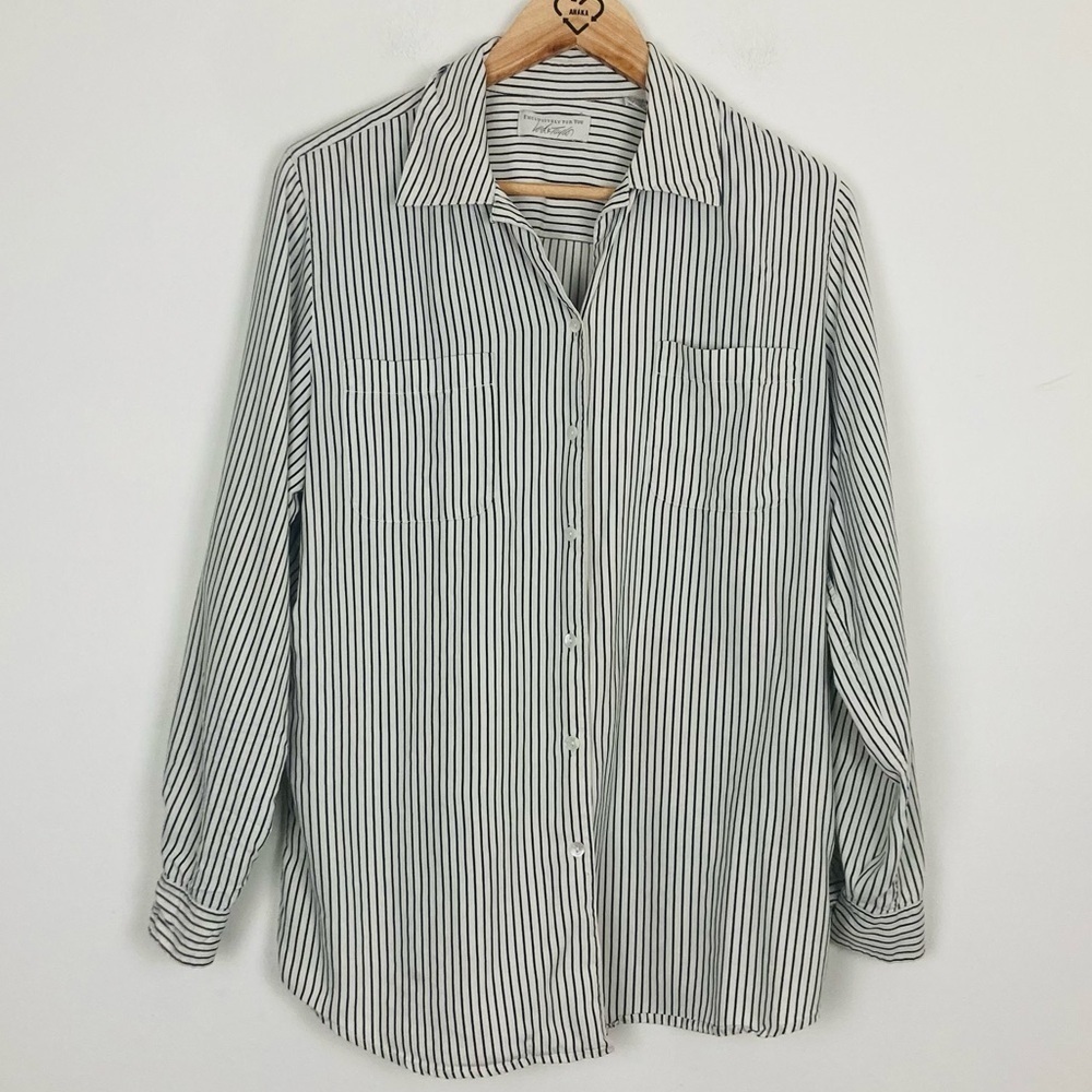 Lord & Taylor classic gray and white striped silk long sleeve button up top. 6